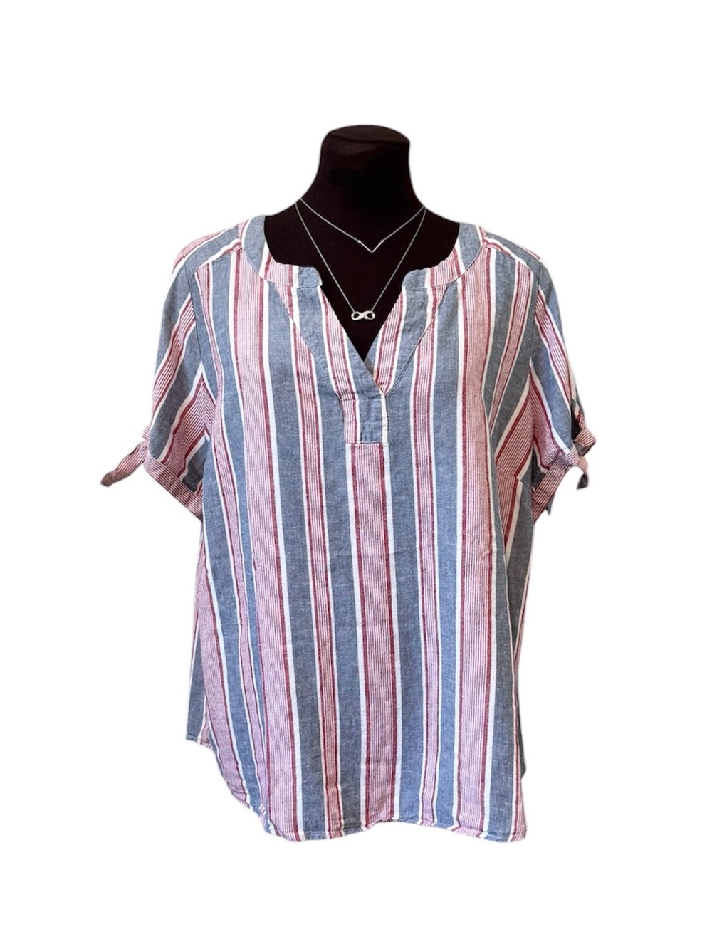cj banks V-neck Linen Blend Short sleeve Stripe Top Size 1X
